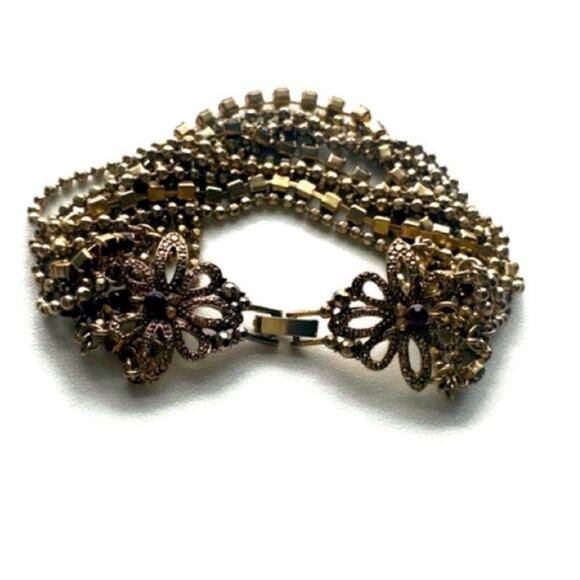 Gold Tone and Purple Beaded Rhinestone Multi Strand Bracelet - Picture 1 of 5